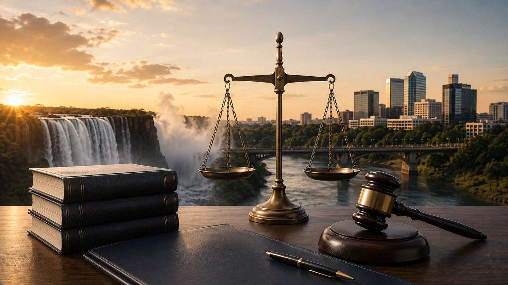 Scales of justice with the Falls and the capital beyond